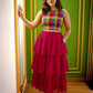 Multi-Color Checked Crop Top and Ruffle Tiered Long Skirt