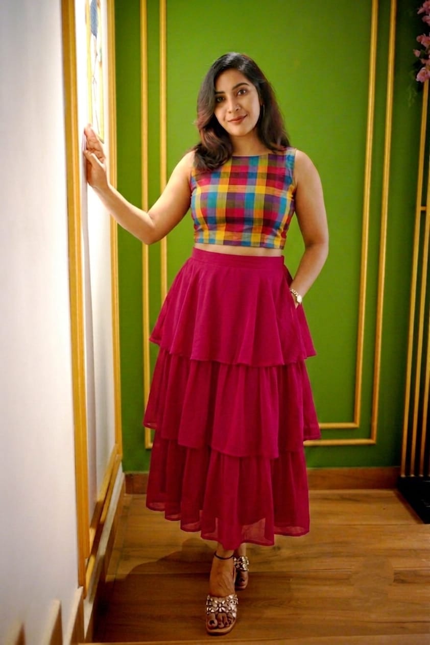 Multi-Color Checked Crop Top and Ruffle Tiered Long Skirt