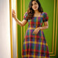 Multicolor Checked Flare Dress with Elegant Puff Sleeves