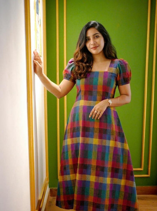 Multicolor Checked Flare Dress with Elegant Puff Sleeves