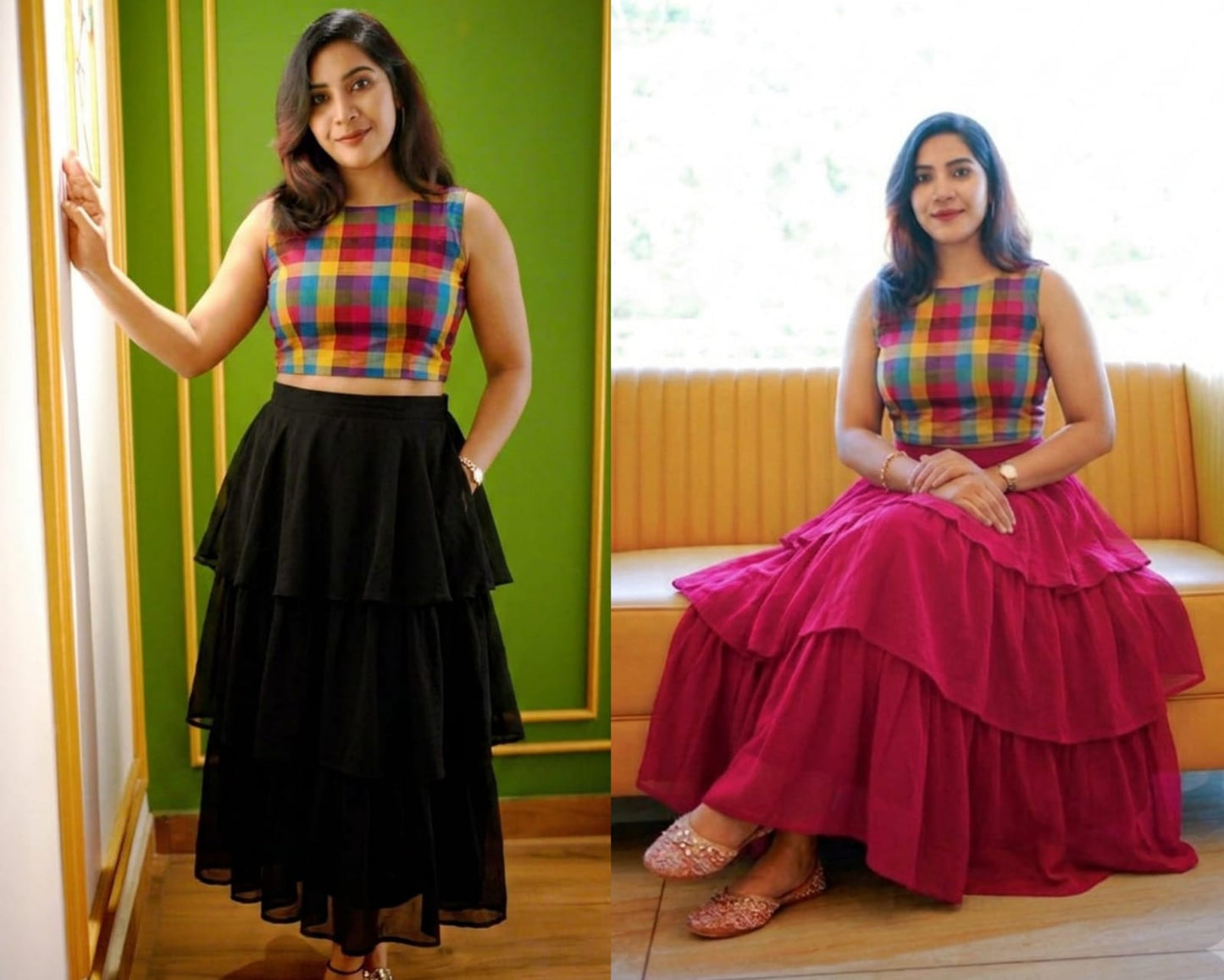Multi-Color Checked Crop Top and Ruffle Tiered Long Skirt