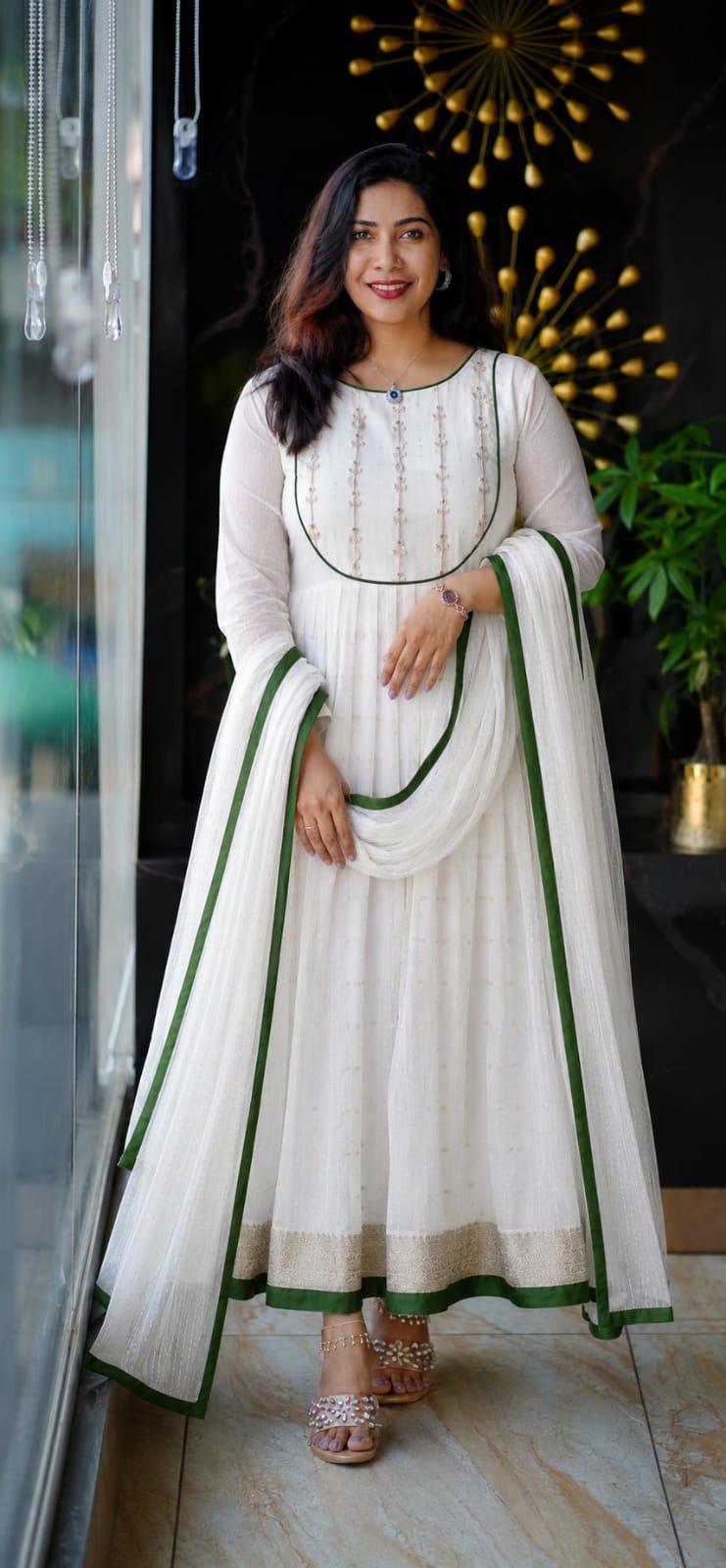 Timeless White Anarkali Suit with Handwork and Velvet-Trimmed Dupatta