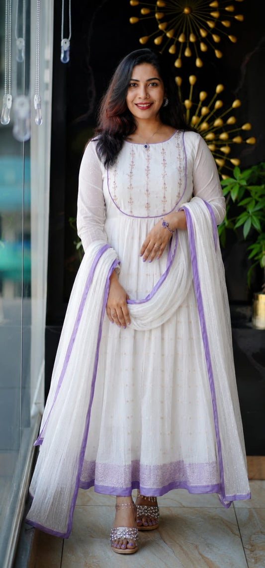 Timeless White Anarkali Suit with Handwork and Velvet-Trimmed Dupatta
