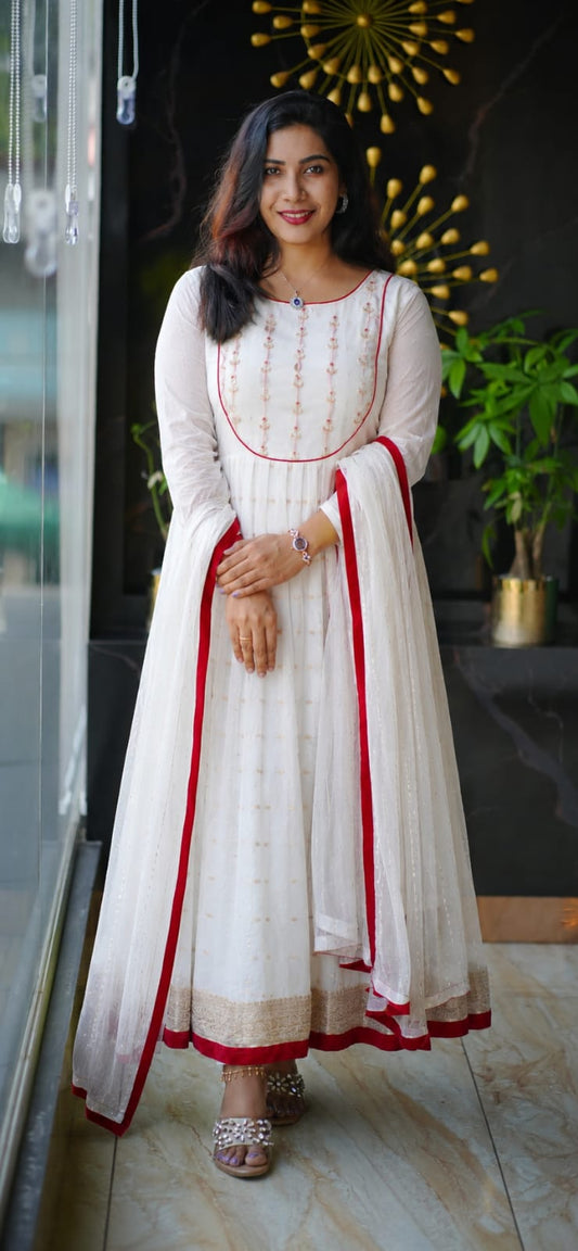 Timeless White Anarkali Suit with Handwork and Velvet-Trimmed Dupatta