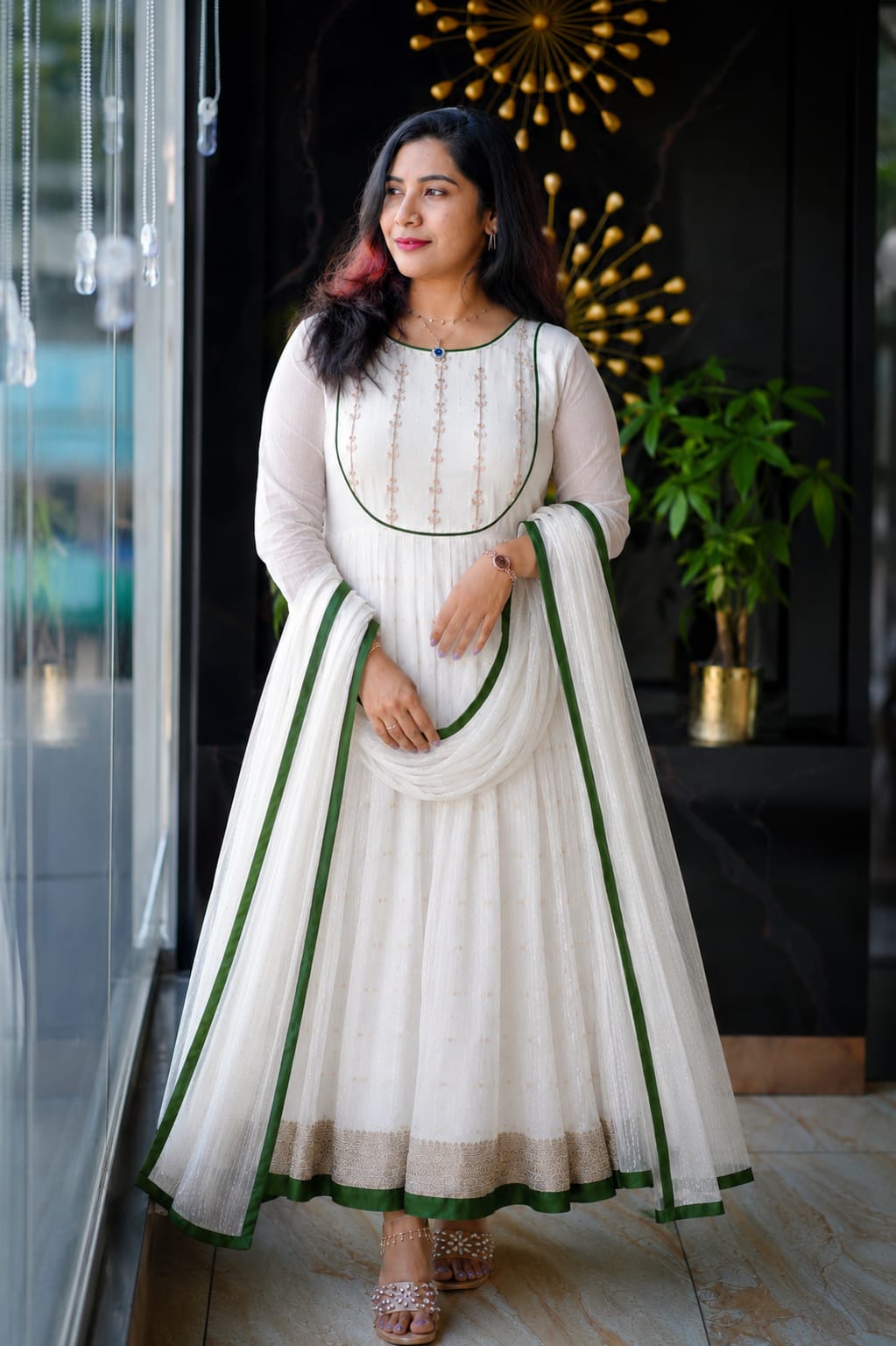 Timeless White Anarkali Suit with Handwork and Velvet-Trimmed Dupatta