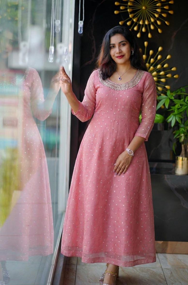 Premium Georgette Butta A-Line Kurti with Elegant Handwork Neckline