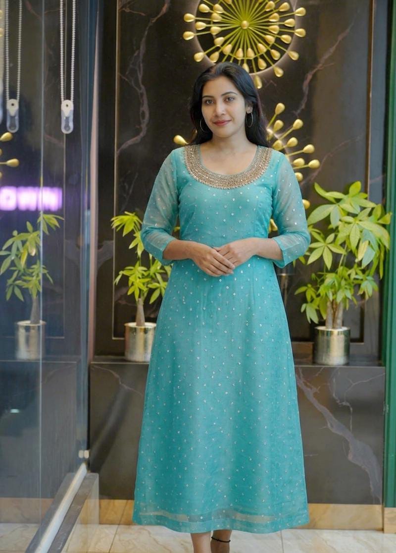 Premium Georgette Butta A-Line Kurti with Elegant Handwork Neckline
