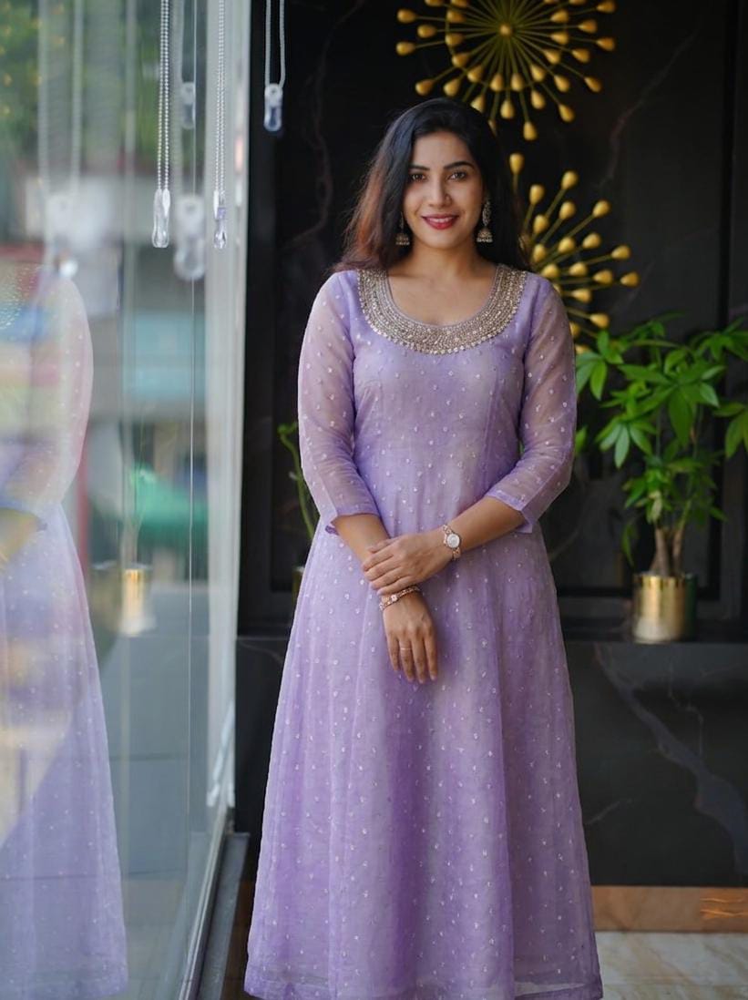 Premium Georgette Butta A-Line Kurti with Elegant Handwork Neckline
