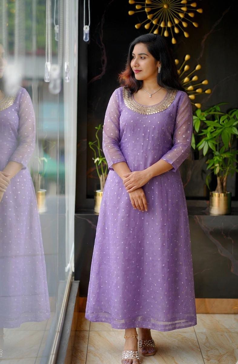 Premium Georgette Butta A-Line Kurti with Elegant Handwork Neckline