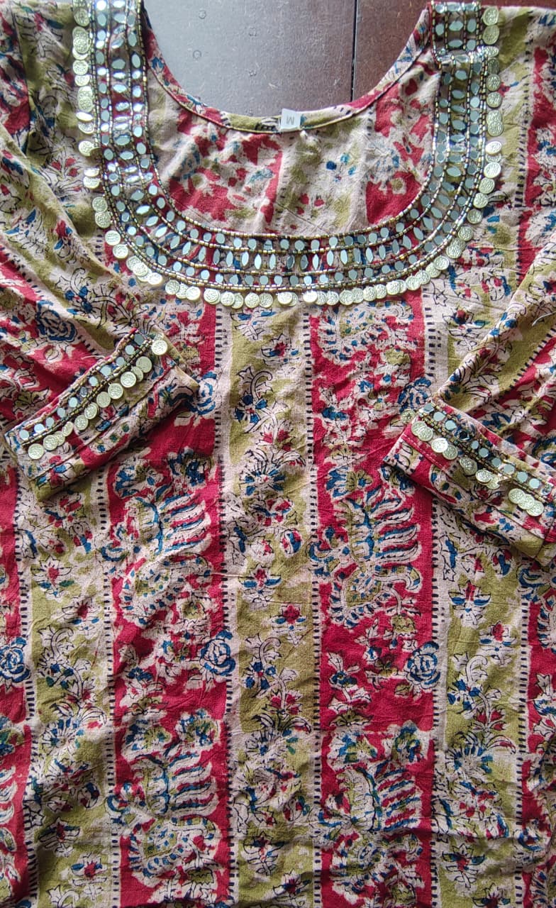Elegant Pure Kalamkari Cotton Slit Kurti with Handcrafted Yoke & Sleeves