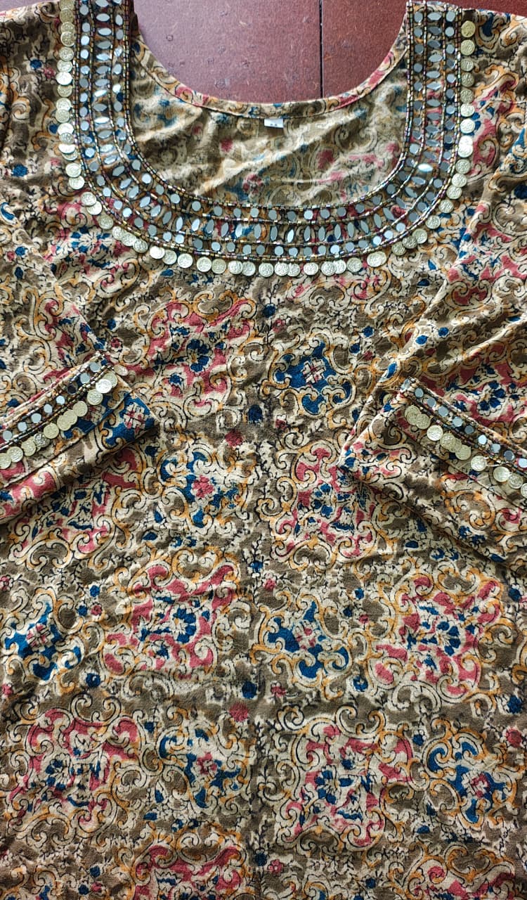 Elegant Pure Kalamkari Cotton Slit Kurti with Handcrafted Yoke & Sleeves