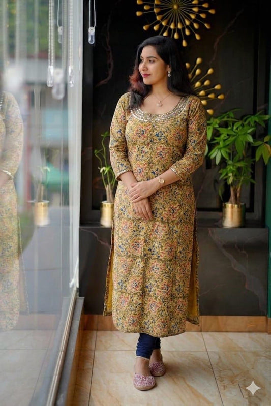 Elegant Pure Kalamkari Cotton Slit Kurti with Handcrafted Yoke & Sleeves