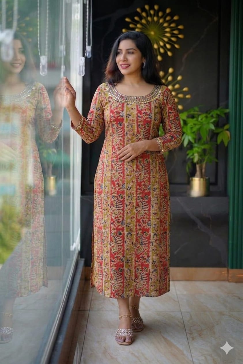 Elegant Pure Kalamkari Cotton Slit Kurti with Handcrafted Yoke & Sleeves