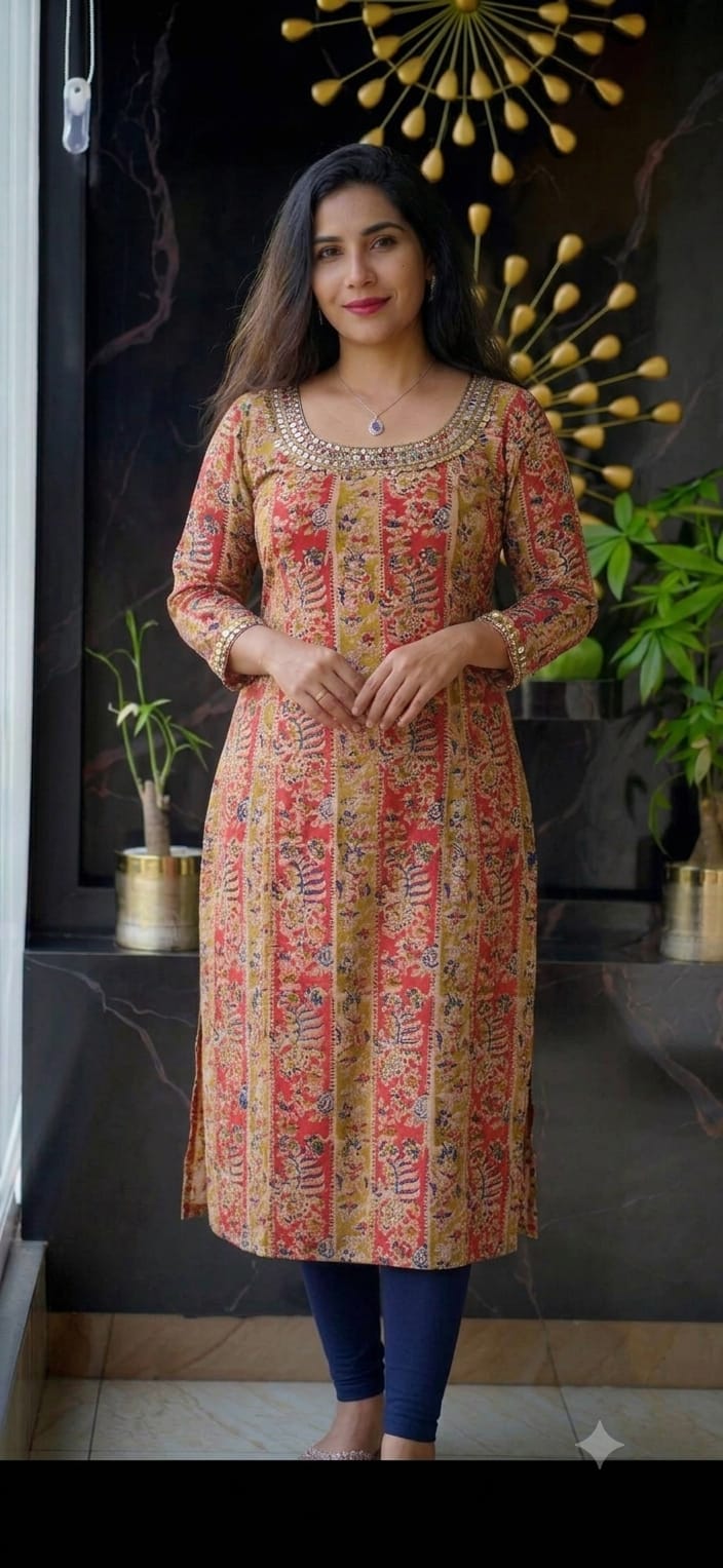 Elegant Pure Kalamkari Cotton Slit Kurti with Handcrafted Yoke & Sleeves