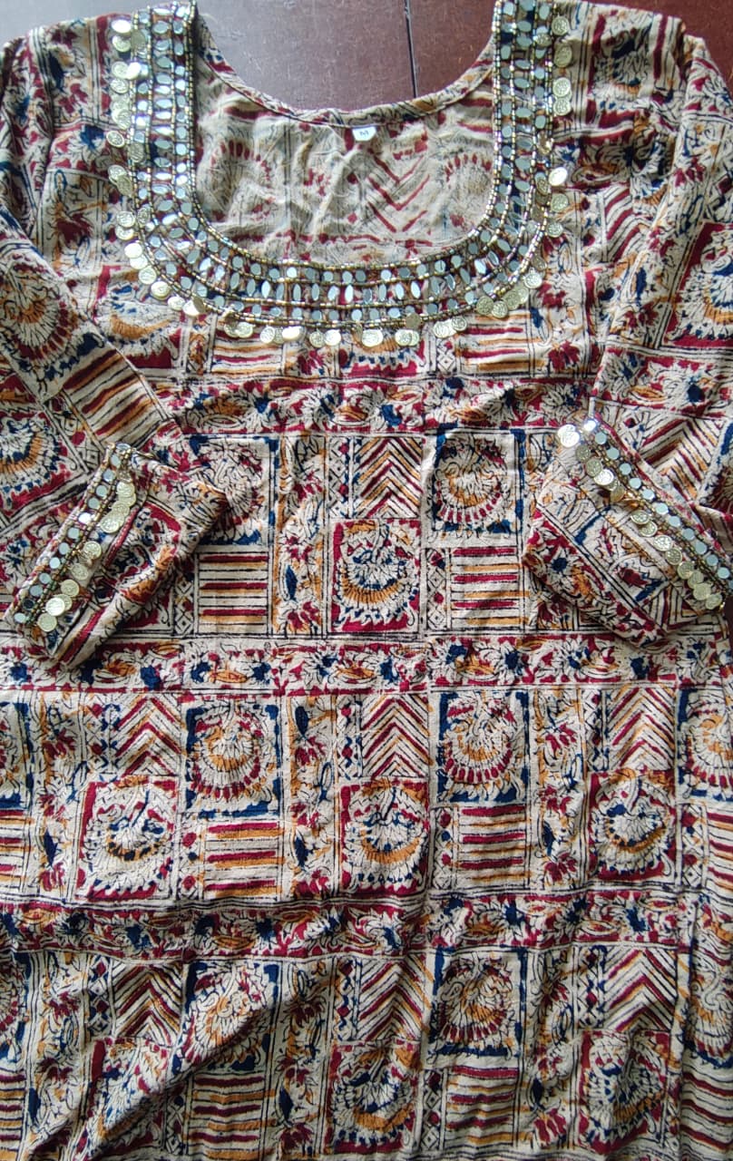 Elegant Pure Kalamkari Cotton Slit Kurti with Handcrafted Yoke & Sleeves