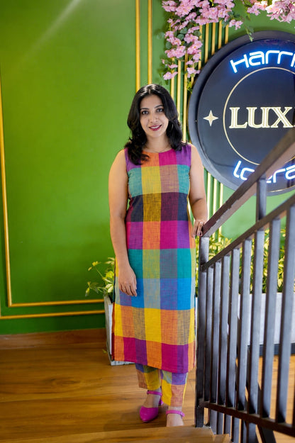OH LA LA Festive Multi-Color Block Checkeed Pure Cotton Co-ord Kurta Set