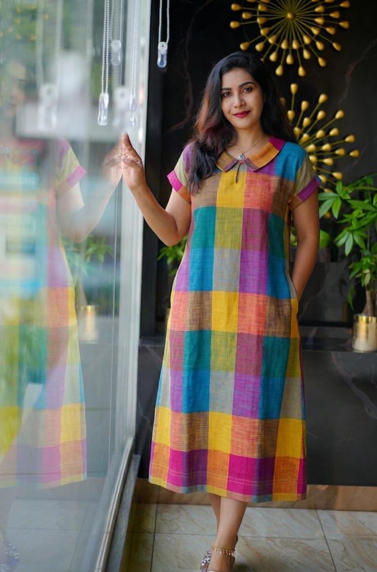 Vibrant Multicolor Checked Cotton A-Line Frock with Peter Pan Collar