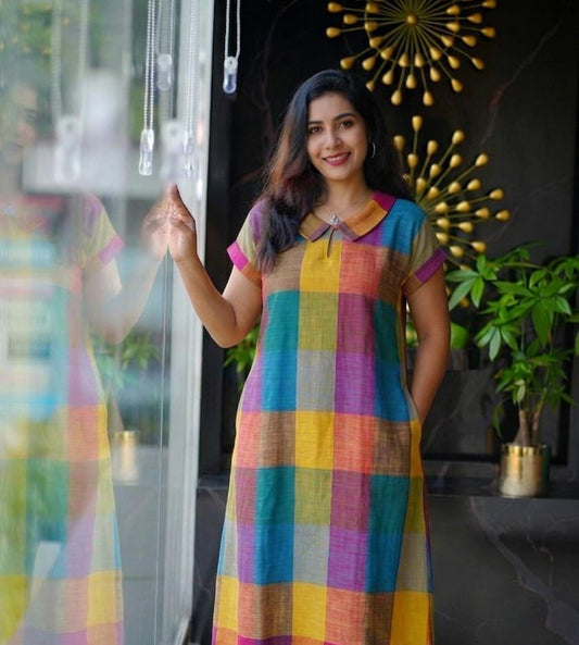 Vibrant Multicolor Checked Cotton A-Line Frock with Peter Pan Collar
