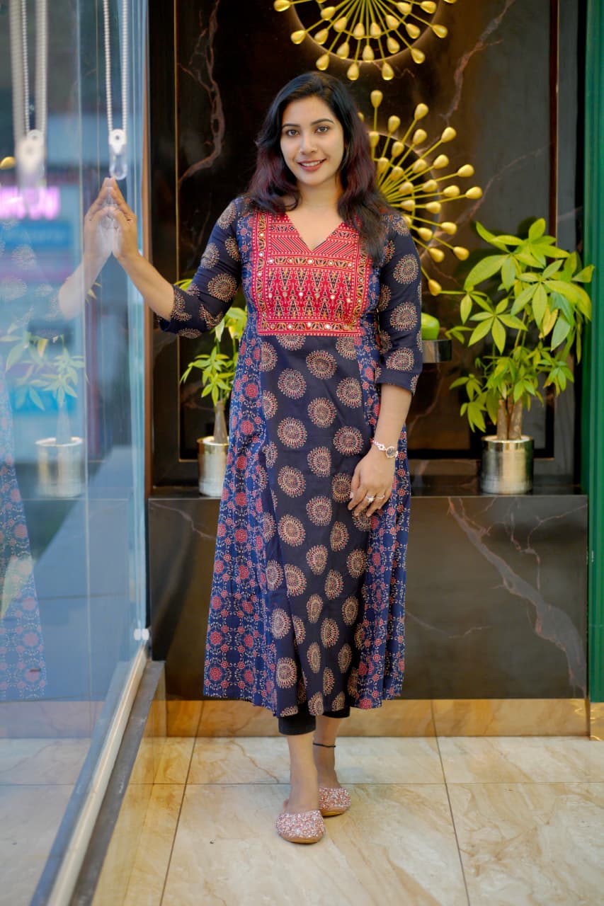 Ethnic Elegance Flared Kurti with Intricate Embroidered Yoke