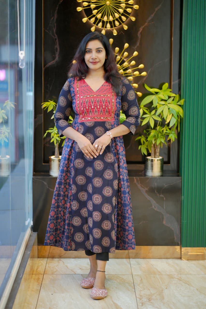 Ethnic Elegance Flared Kurti with Intricate Embroidered Yoke