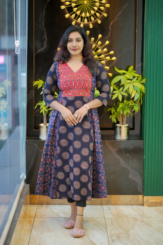 Ethnic Elegance Flared Kurti with Intricate Embroidered Yoke