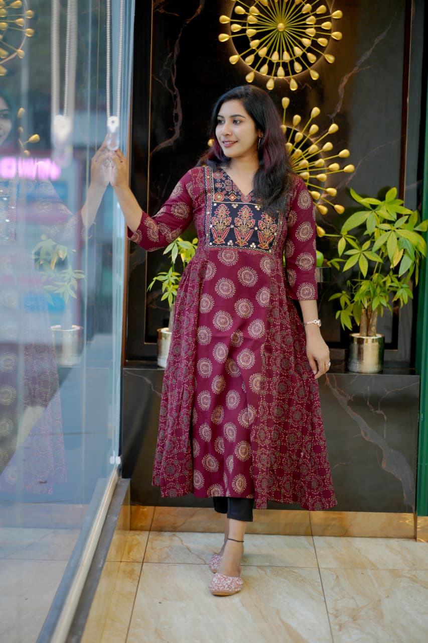 Ethnic Elegance Flared Kurti with Intricate Embroidered Yoke