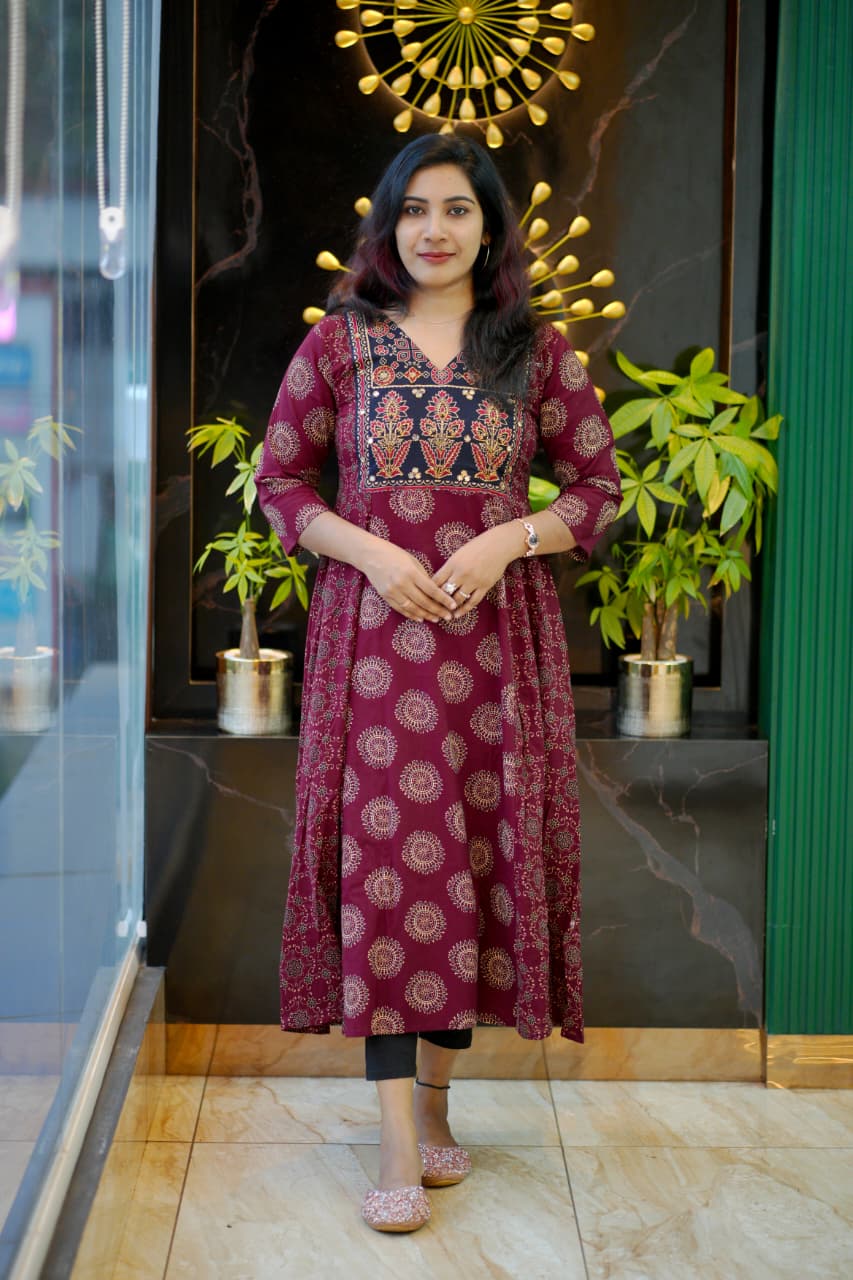 Ethnic Elegance Flared Kurti with Intricate Embroidered Yoke