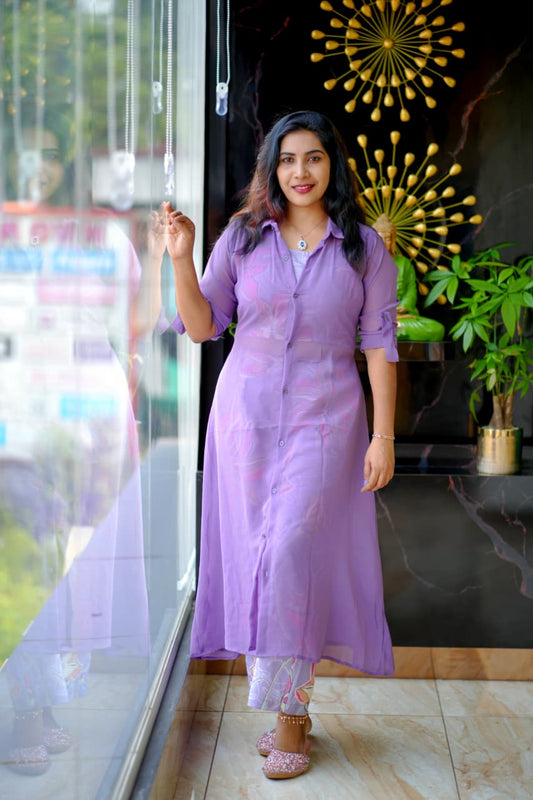Elegant Mesh-Style Long Shirt with Printed Inner