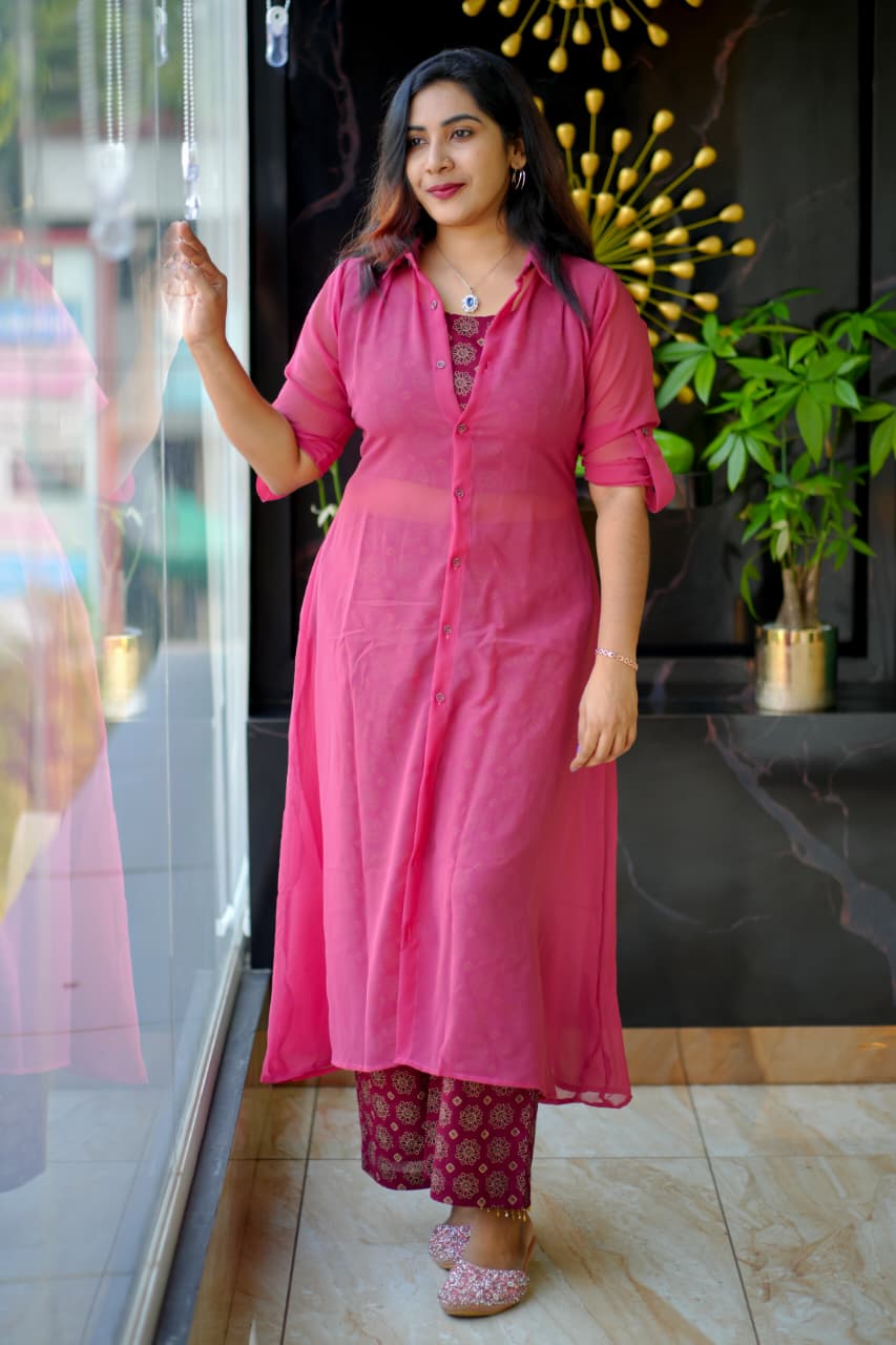 Elegant Mesh-Style Long Shirt with Printed Inner