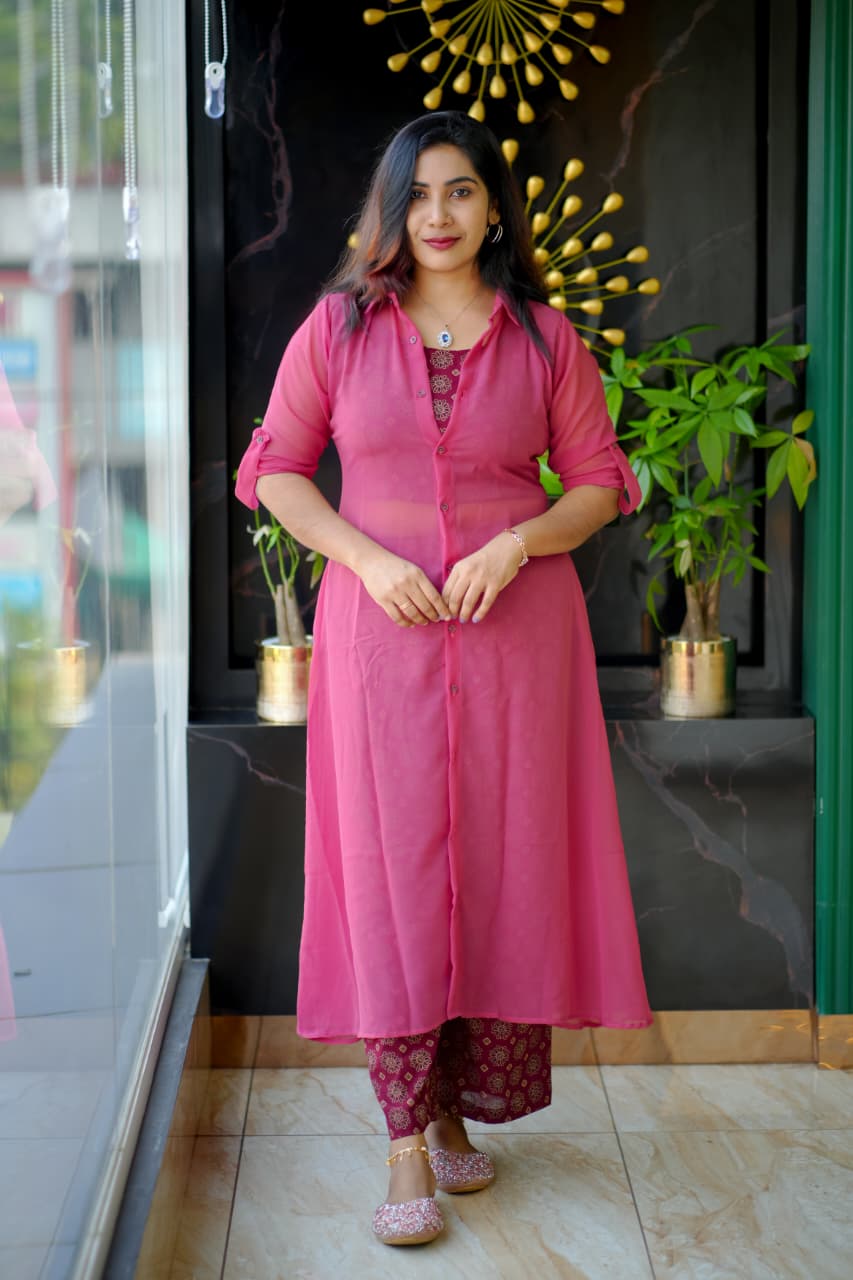 Elegant Mesh-Style Long Shirt with Printed Inner