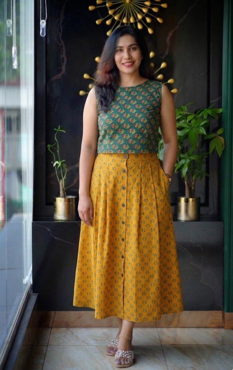 Ethnic Print Cotton Midi Skirt & Top