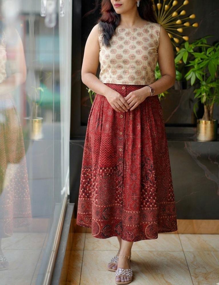 Ethnic Print Cotton Midi Skirt & Top