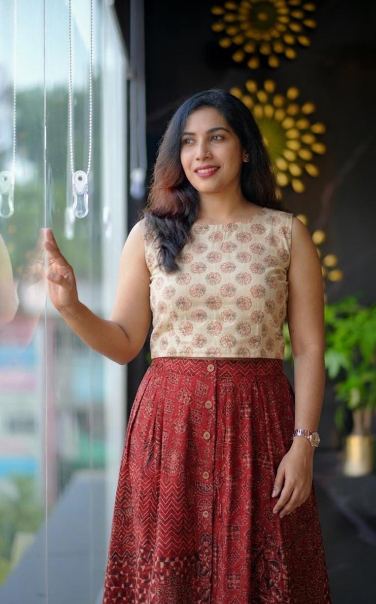 Ethnic Print Cotton Midi Skirt & Top