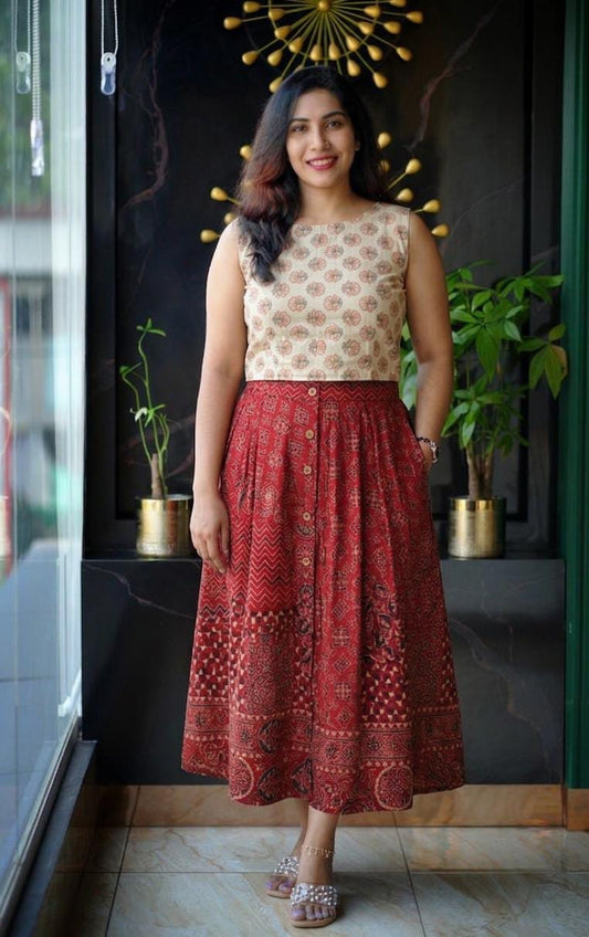 Ethnic Print Cotton Midi Skirt & Top
