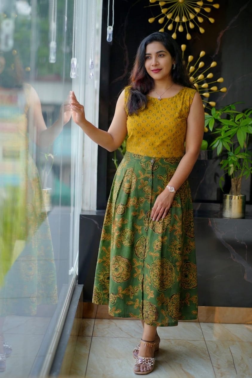 Ethnic Print Cotton Midi Skirt & Top