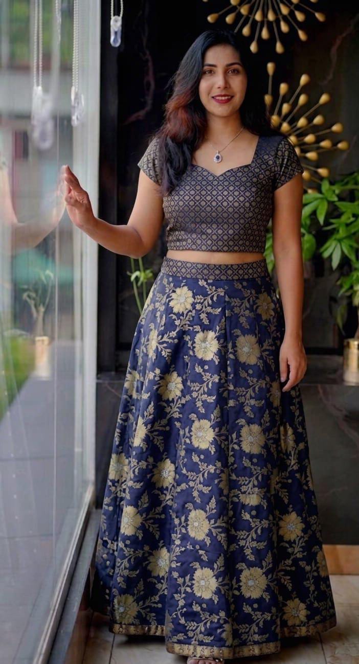 Elegant Ethnic Brocade Skirt and Crop Top Set with Golden Booti Work