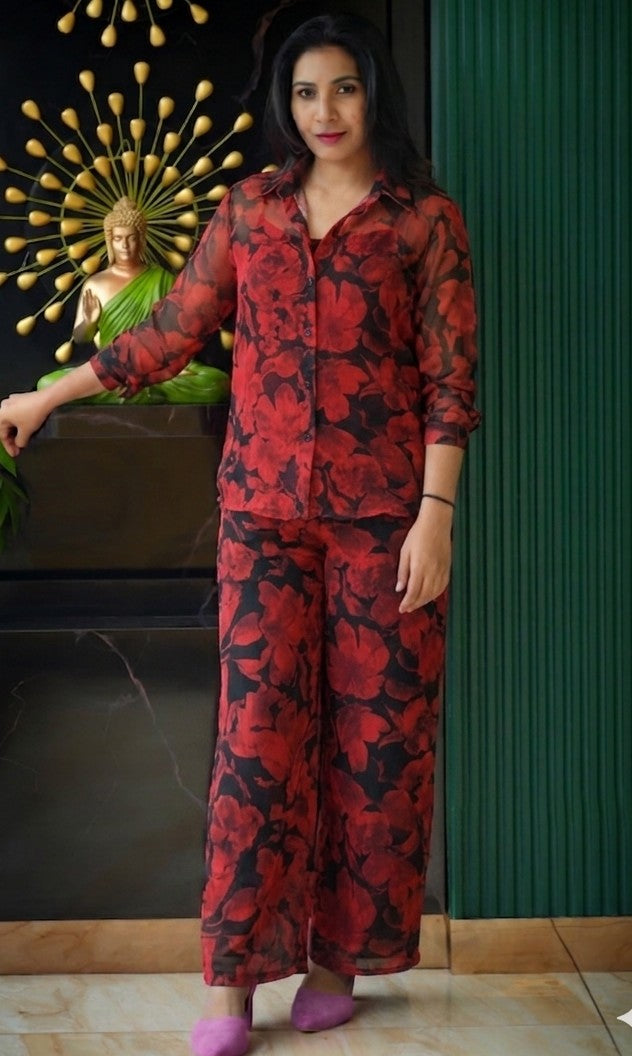 Crimson Floral Georgette Co-ord Set